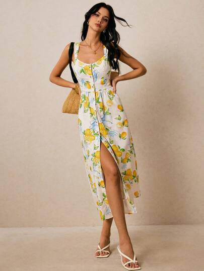 Poéselle Butter Yellow Dress,Cotton Printed Dress, Lemon Printed Dress, Front Button Decoration, Comfortable And Breathable Fabric,Women Fruit Print Single Breasted Casual Midi Camisole Dress Women Sundress Summer Sundress Long,Suitable For Daily Wear, Going Out, Commuting, Dating, Vacation And Other Occasions,Poeselle,Boho Clothes Women