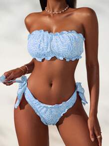 Swim Mod Women Ruffled Floral Print Fashion Bikini Set For Summer Beach Vacation - Baby Blue - View 4