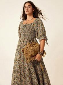 SHEIN LUNE Plus Size Women's Slouchy Casual Style Beach Vacation Outfit Fourth Of July Women Chic Retro Square Neck Romantic Cozy Fit Floral Multi-Layered Chillax Dress For The Holidays Bohemian Dress Teacher Outfits For Women Graduation Dresses For Women - Multicolor - View 7