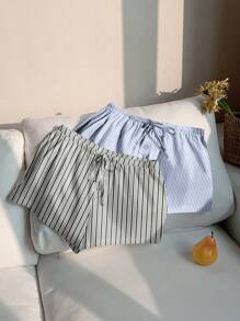 Comfortcana Bộ 2 quần short thắt nút đơn giản cho nữ, phù hợp cho mùa hè, họa tiết sọc - Nhiều màu - Xem 3