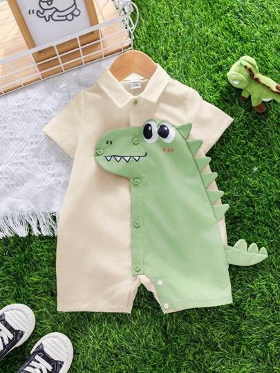 SHEIN Cartoon Dinosaur Pattern Lapel Short Sleeve Romper & Shorts, Casual & Versatile For Baby Boy & Baby Girl