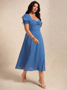 Elaquor Plus Ditsy Floral Print Ruched Bust Split Thigh Dress