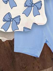 SHEIN Baby Girls' Butterfly Print Round Neck Short Sleeve T-Shirt And Knit Leggings Shorts Cute Set, Blue - Blue - View 4