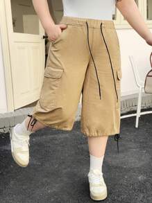 SHEIN EZwear Plus Size Women's Summer Elastic Waist Drawstring Flip Flap Pocket Cargo Denim Jeans