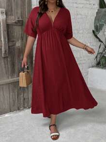 SHEIN VCAY Plus Size Solid V-Neck Casual Versatile Short Sleeve Dress - Burgundy - View 6