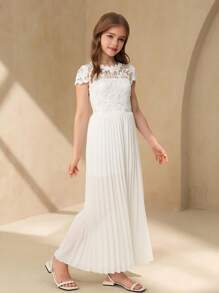 SHEIN 少女优雅花卉蕾丝领镂空刺绣拼接雪纺面料白色长款褶皱连体裤婚礼花童礼服 - 白色 - 查看 6