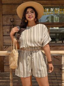 SHEIN LUNE Plus Size Vacation Casual Striped Batwing Shirt And Shorts 2 Pieces Set Summer Outfits For Women Vacation Outfits Woman Two Pieces Set Women Business Casual Woman Beach Vacation Outfits School Clothes Country  Outfits Women 