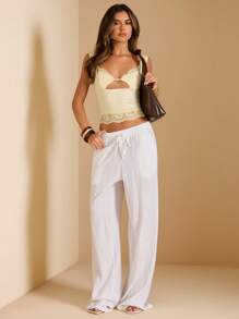 SHEIN BAE 女式夏季纯色淡黄色金属扣装饰蕾丝拼接吊带背心 - 黃色 - 查看 4