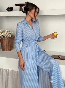 Vestido camisa de manga larga con botones y rayas casual