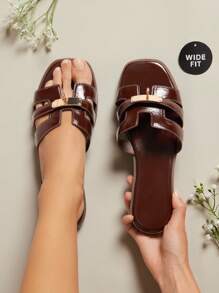 SHUZIA Wide Width Women's Luxe Gold Lock Stitching Detail Square Toe Flat Glossy Pu Coffee Slide Sandals-Plus Size Sophisticated, Elegant & Stylish - Coffee Brown - View 3