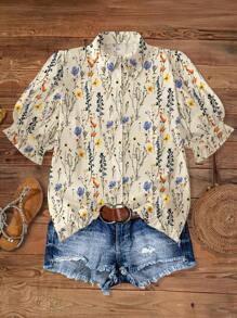 SHEIN LUNE Plus Size Women's Vintage Retro Shirt, Oil Painting Baroque Short Sleeve Ditsy Floral Blouse, Japanese Street Style - Multicolor - View 1