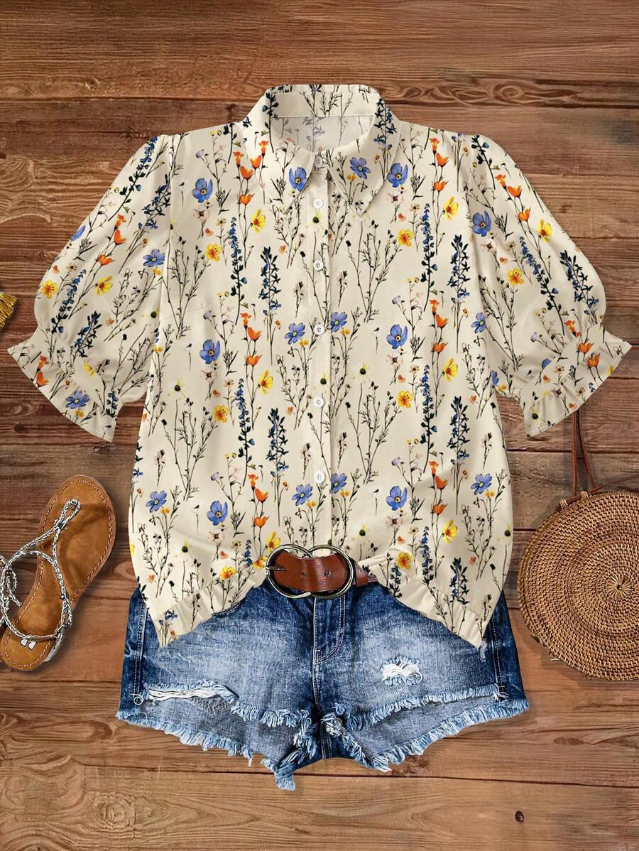 SHEIN LUNE Plus Size Women's Vintage Retro Shirt, Oil Painting Baroque Short Sleeve Ditsy Floral Blouse, Japanese Street Style - Multicolor - View 1