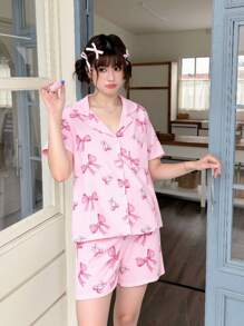2 件套少女粉色蝴蝶结印花短袖衬衫和短裤休闲家居服睡衣套装 - 彩色 - 查看 5