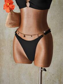 SHEIN ICON Women Black Tropical Beach Summer Beach Solid Color Ring Linked Bikini Bottom - Black - View 3