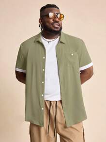 EASEVO 大码休闲短袖梭织衬衫 - 橄欖綠 - 查看 7