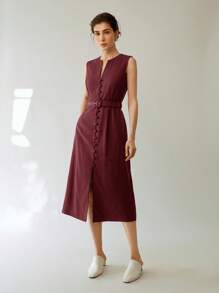 Uhlyne 女士休闲优雅无袖亚麻中长连衣裙（配系带腰带） - 酒紅色 - 查看 6