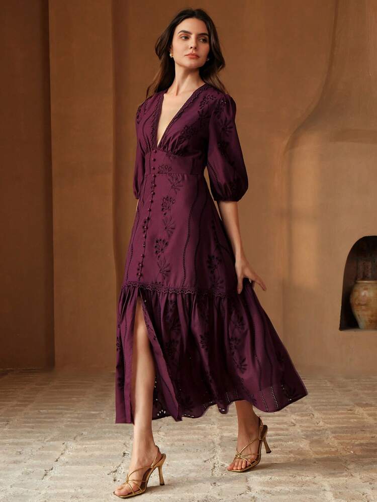 Women's Summer V-Neck Slit Lace Elegant Floor-Length Dress, Suitable For Valentine's Day Outfit