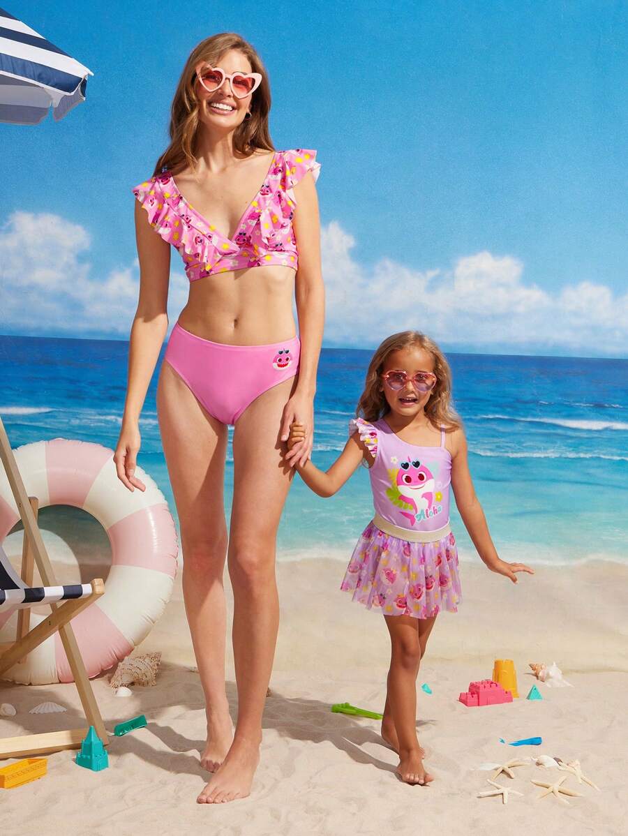 BABY SHARK X SHEIN Women's Cartoon Shark Pattern Ruffle Trim V-Neck Tankini Set - Pink - View 1