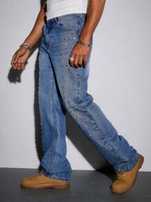 ROMWE MEN Street Life Quần Jeans Denim Nhiều Túi Trang Trí Đá Rhinestone Màu Sắc Cho Nam Thường Ngày Đa Năng - Màu xanh lam - Xem 1