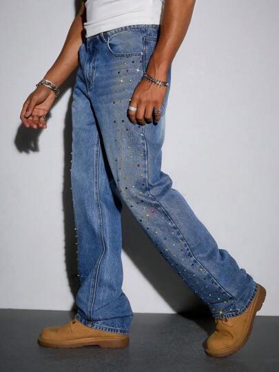 Street Life Jeans vaqueros casuales y versátiles para hombres con bloques de colores y decoración de cristales