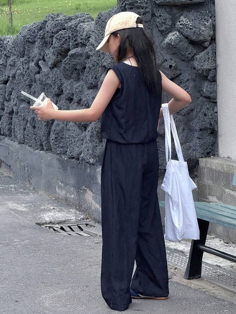 2pcs Tween Girl Sleeveless T-Shirt And Straight Pants Set, Fall Clothes, Back To School Clothes