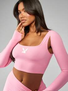 Missguided x Playboy Sleek Performance Athletic Crop Top Shorts Set Long Sleeve Workout Exercise Training Running Yoga Fitness Activewear Collection High Rise Matching Gym - Pink - View 6