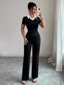 Elenzga Women's Collared Short Sleeve Flared Leg 2 Pieces Set - Black - View 5