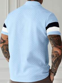 Manfinity Homme Men's Contrast Color Striped Casual Patchwork Textured Short Sleeve Polo Shirt Light Blue Polo Shirt Men Men Light Blue Shirt Men Textured Polo Shirt,Men Textured Polo