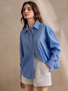 Anewsta Striped Drop Shoulder Long Sleeve Embroidered Giraffe Decor Casual Long Shirt - Blue - View 5