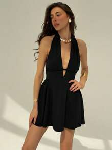 Aloruh Đầm mini hở lưng màu trơn gợi cảm mùa hè cho nữ - màu đen - Xem 4