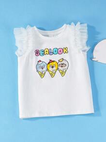 SEALOOK X SHEIN 少女卡通海豹和冰淇淋印花荷叶边袖白色短袖T恤 - 白色 - 查看 3