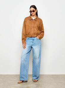 AiiRZ Zip Up Suede Collared Bomber Jacket - Brown - View 1