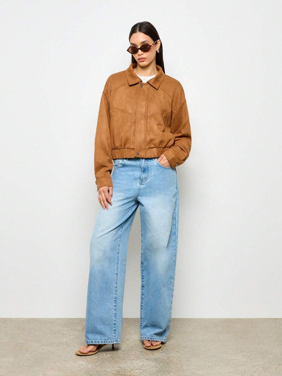 AiiRZ Zip Up Suede Collared Bomber Jacket - Brown - View 1