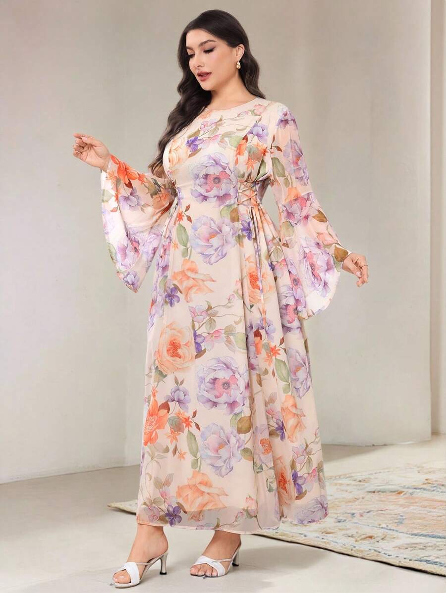 Veilorie Plus Size Elegant Floral Print Flare Sleeve Dress - Apricot - View 1