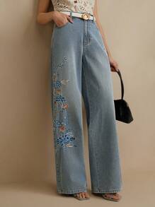 Anewsta 女式刺绣直筒高腰牛仔裤 - 藍色 - 查看 4