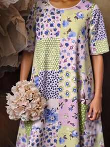 Plus Size Patchwork Print Dress, Casual Holiday Style - Blue - View 3