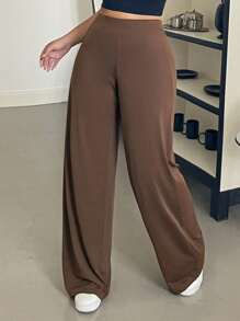 Dazy Plus Plus Fall Solid Color Elastic Waist Wide Leg Knit Casual Pants - Brown - View 1