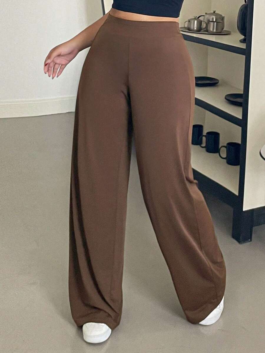 Dazy Plus Plus Fall Solid Color Elastic Waist Wide Leg Knit Casual Pants - Brown - View 1