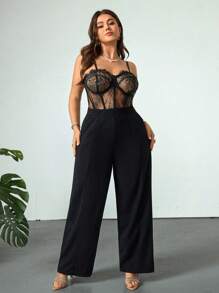 Firerie Plus Size Women's Elegant Lace Patchwork Halter Jumpsuit With Pockets, Comfortable Casual Holiday/Party/Date Night Bodycon Jumpsuit, Black