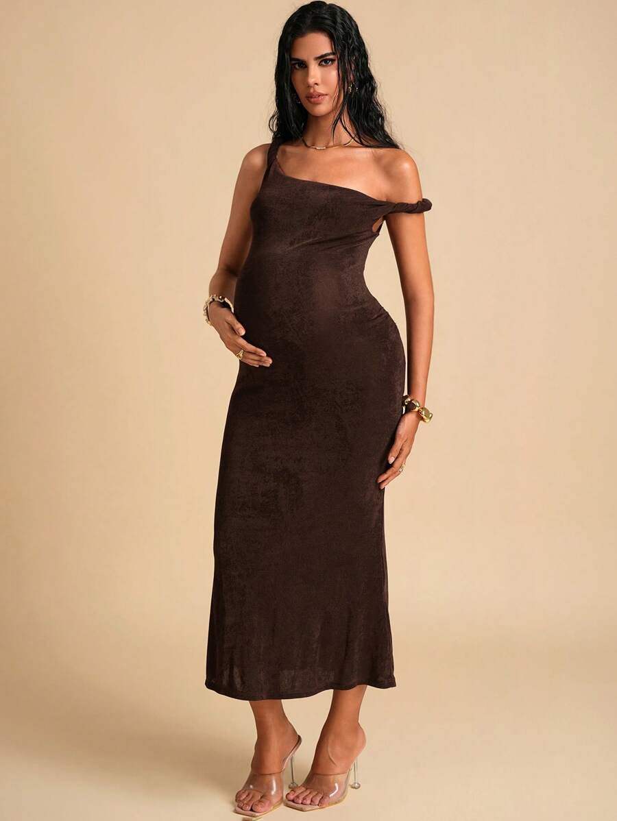 MaterniChic Robe moulante de maternité d'été à col asymétrique et ourlet en queue de poisson, couleur unie - Tabac - Voir 1