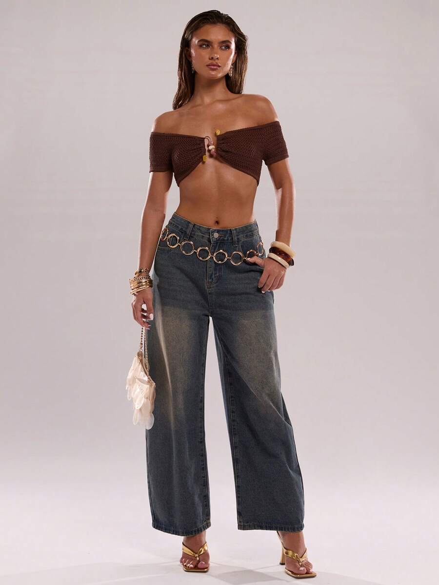 SHEIN BAE Sexy Strapless Crop Top Slim Fit Knit Sweater For Women - Coffee Brown - View 1