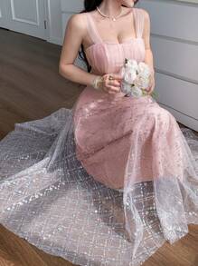 DAZY Vestido sin mangas con parches de lentejuelas para mujer, vestido de gala de lujo