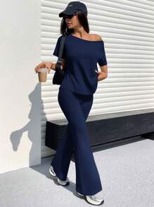Muchica Solid Off Shoulder Top And Bell Bottom Pants Set - Navy Blue - View 3