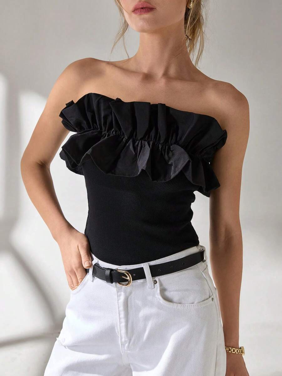 Solid Y2k Cotton Ruffle Trim Tube Top - Black - View 1