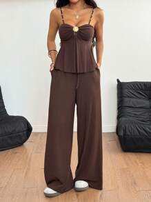 Gloray 女士金属外壳装饰吊带背心和裤子度假休闲套装，春夏 - 咖啡棕 - 查看 1