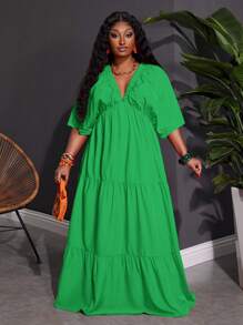 SHEIN CURVE+ Plus Size V-Neck Dress For Summer Holiday, Orange Boho Vacation Beach Outfits For Woman/Beach Dress/Beach Vacation Outfits/Beach Essentials / Graduation/Tea Party Dress - Green - View 4