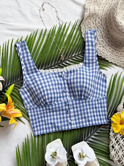 Soleia Women's Red And White Linen-Like Plaid Chest Cup Stitched Tight Fit Buttoned Shirred Lace Trim Crop Top, Cute Lunch Casual Back To School Summer Top, Can Be Worn Inside Or Outside Gingham Top Gingham Bikini Checkered Bikini Plaid Bikini Blue Gingham Top