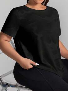 Easithlete Camiseta de actividad física de manga corta con cuello redondo y estampado de camuflaje para mujer de talla grande