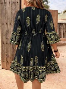 Breezaya Robe courte oversize à col en V, imprimé cachemire et fleurs Hera, avec lien et franges