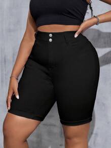 SHEIN Tall CURVE Plus Size Women's Stretch Skinny Denim Shorts Valentine's Day - Black - View 4